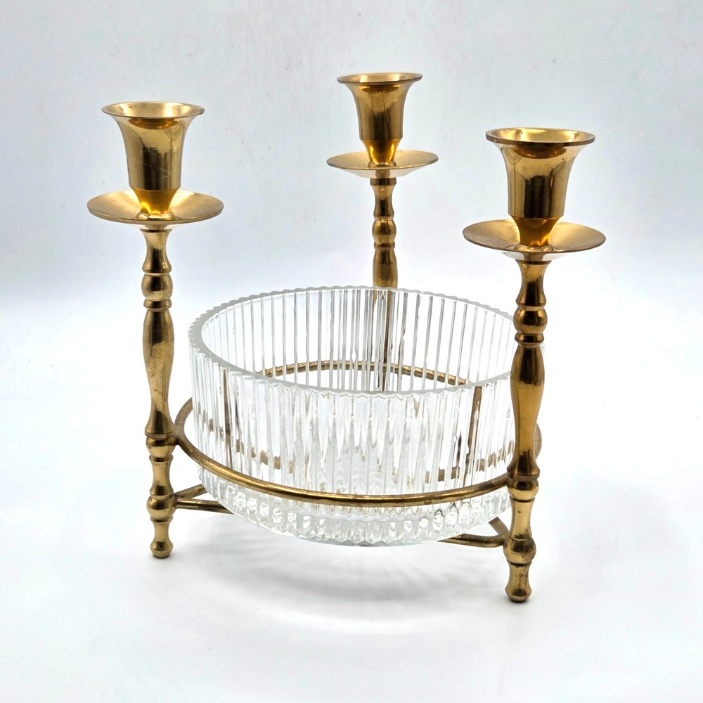 VINTAGE Teleflora Triple 3 Brass Candleholder Ribbed Glass Centerpiece Vase Dish